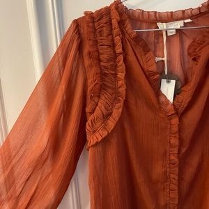 NWT Anthropologie Orange Rust XS Long Sleeve See Through Blouse